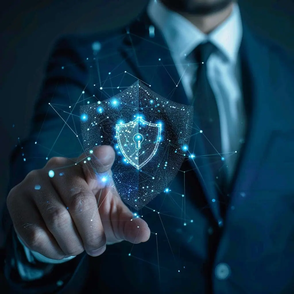 Businessman pointing shield protect icon
