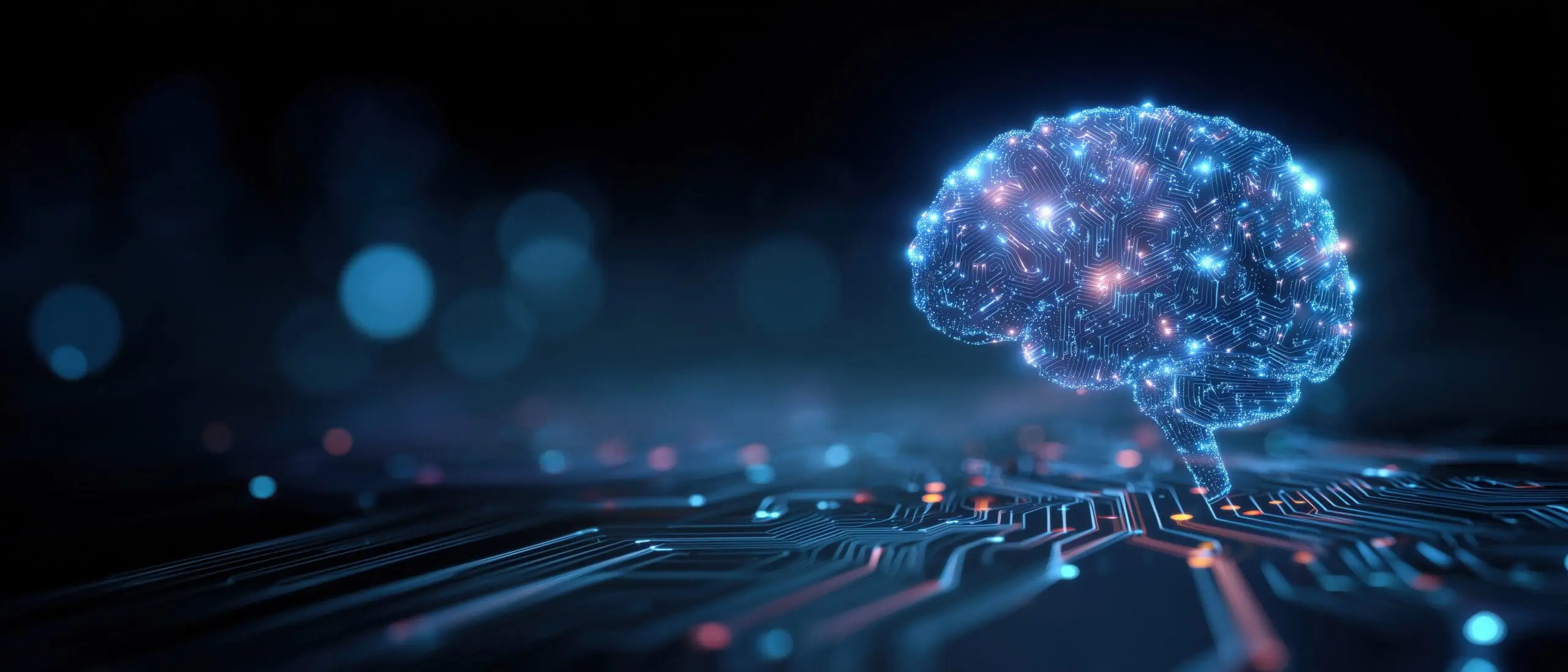 abstract background with a blue digital brain and colorful circuit board patterns, representing an artificial intelligence co