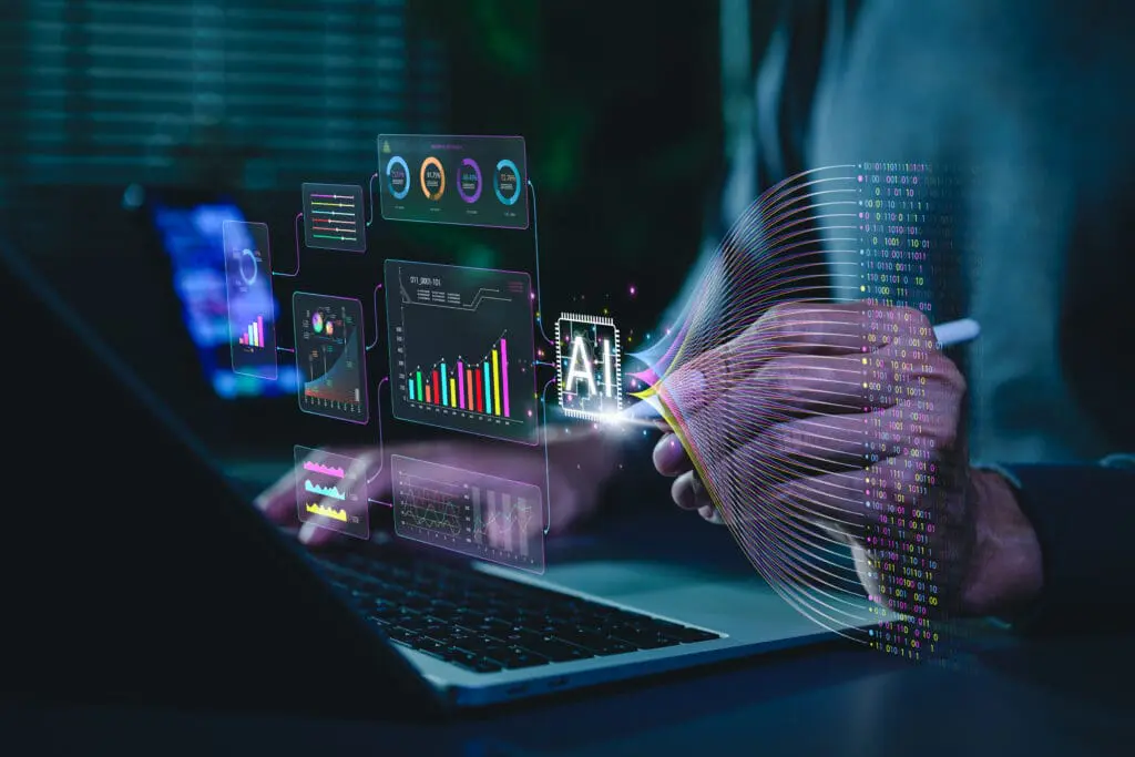 Artificial intelligence data analytics concept. Professional using laptop with dashboard, machine learning charts, real time