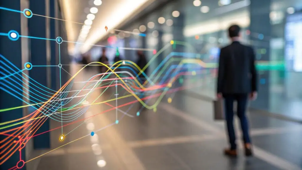 A businessman walks through a modern hallway with colorful digital data visualizations and graphs overlayed, symbolizing tech