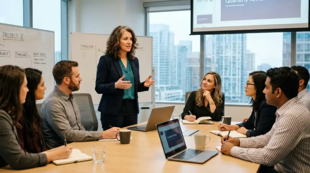 Diverse business team in high-rise office meeting with woman leader presenting quarterly review project strategy. Corporate l