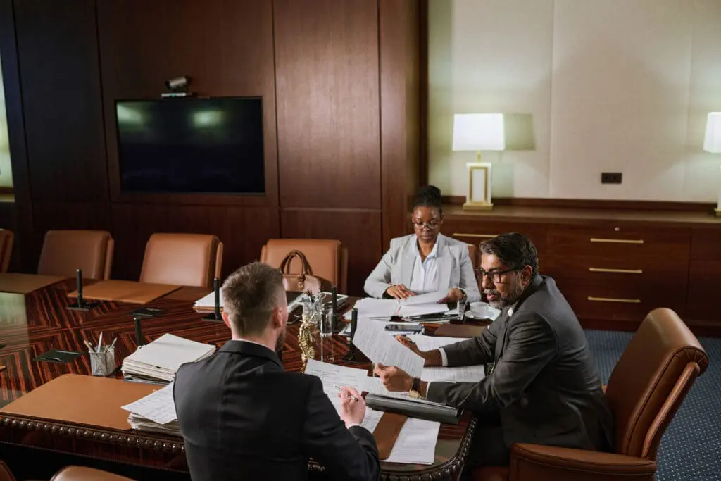 Group of intercultural coworking lawyers