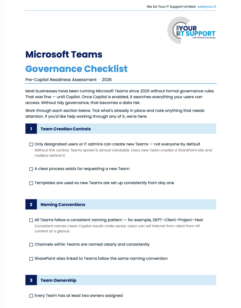 Screenshot of the We Do Your IT Support Microsoft Teams Governance Checklist cover page, a pre-Copilot readiness assessment