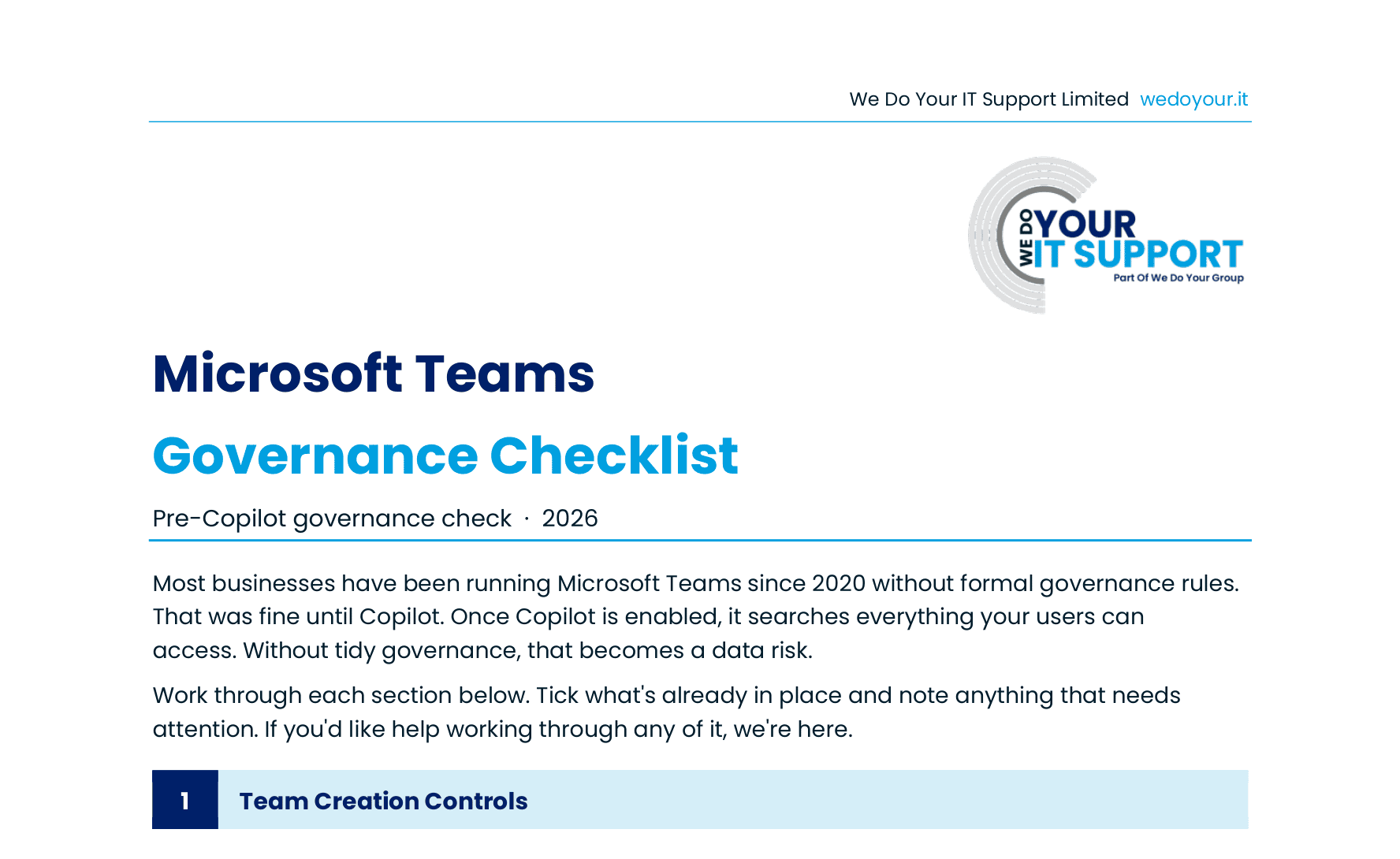 Cover page of the We Do Your IT Support Microsoft Teams Governance Checklist, a pre-Copilot governance check for 2026